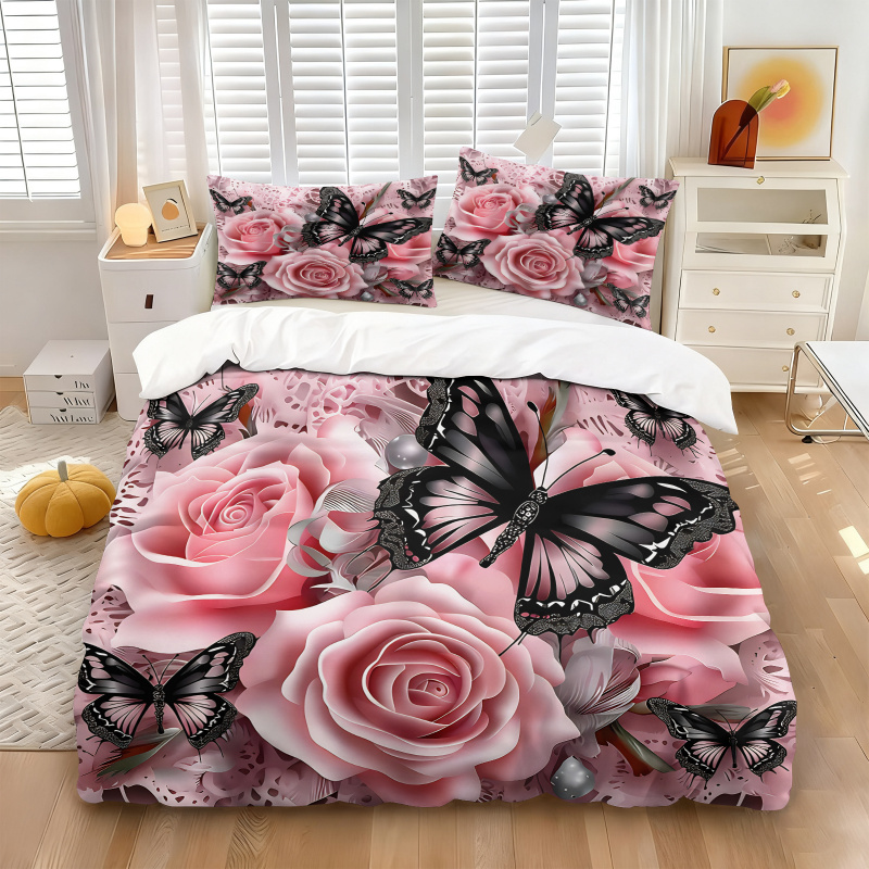 ピンクローズブラックバタフライプリント布団カバーセットレース - Aesthetic Floral Duvet Cover のレビューと価格