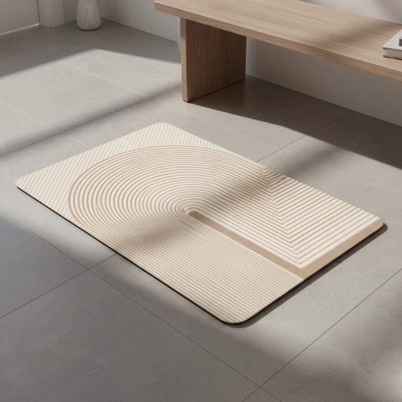 ベージュのストライプ柄珪藻土バスマット、速乾吸水、滑り止め加 - Quick Dry Diatomite Bath Mat のレビューと価格