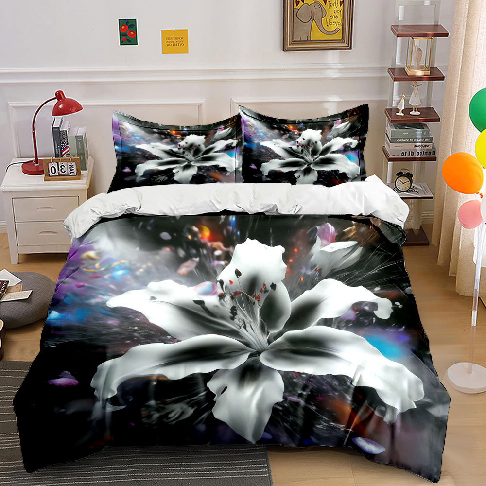 抽象的な白いユリの花柄寝具セット3点、黒背景の花柄アート布団 - Aesthetic Floral Duvet Cover のレビューと価格