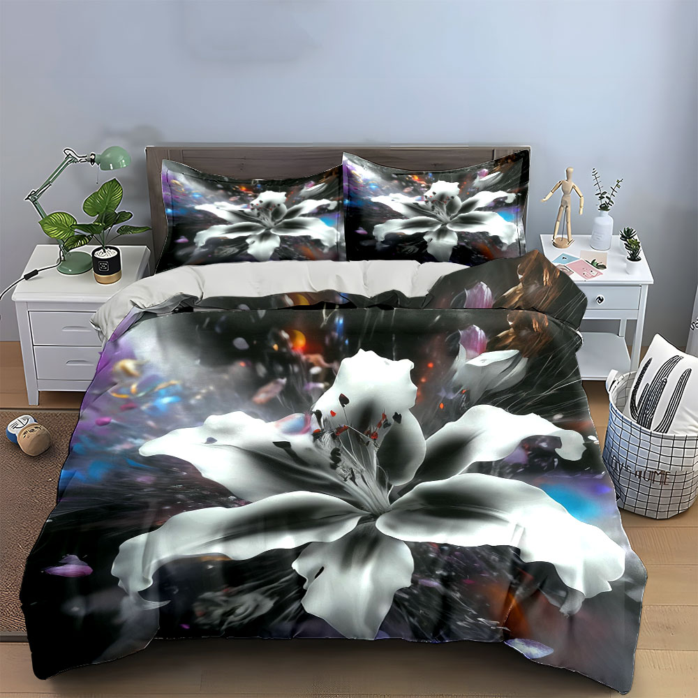 抽象的な白いユリの花柄寝具セット3点、黒背景の花柄アート布団 - Aesthetic Floral Duvet Cover のレビューと価格