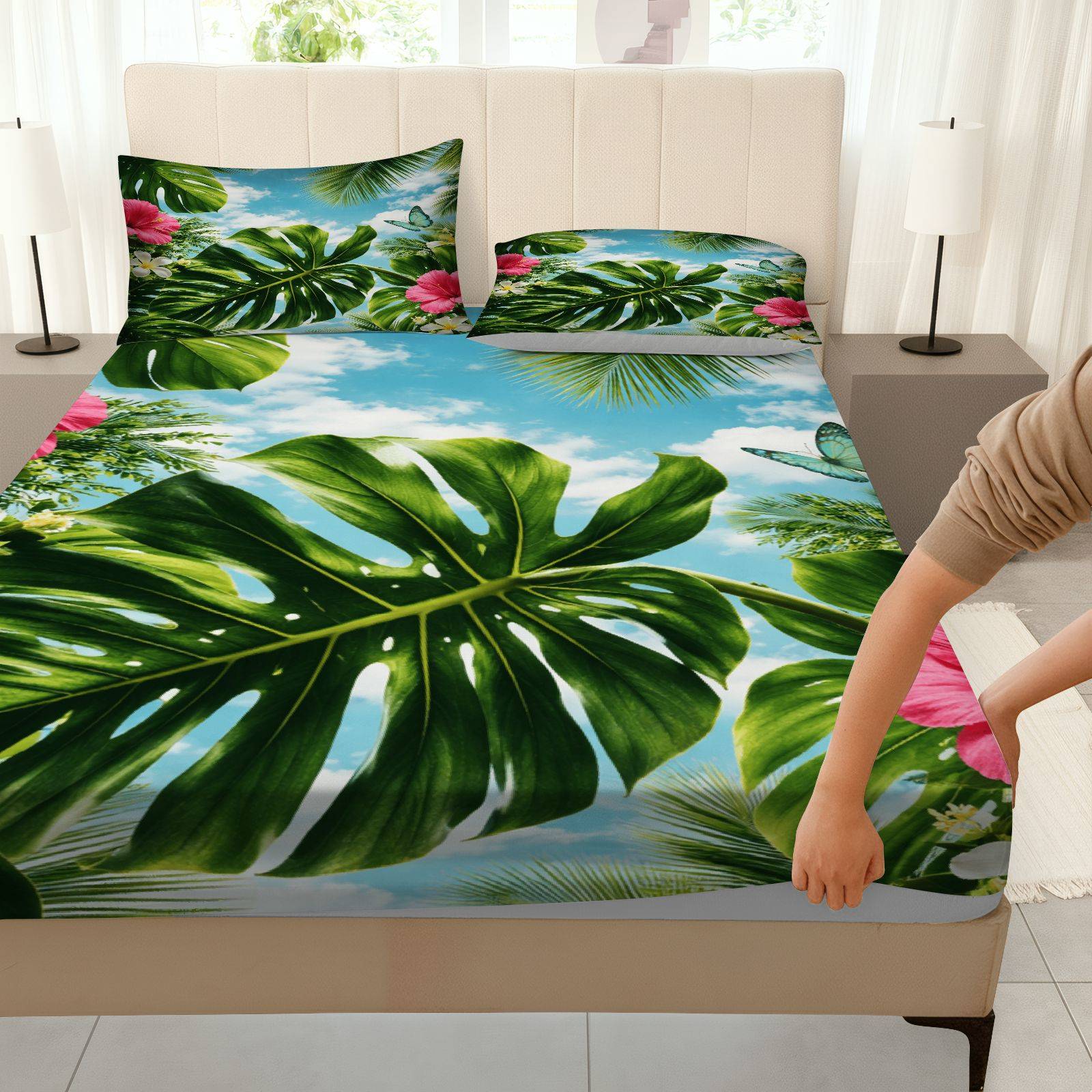 トロピカルハイビスカス柄ベッドシーツセット、サマーテーマ、ト - Fitted Bed Sheets Deep Pocket のレビューと価格