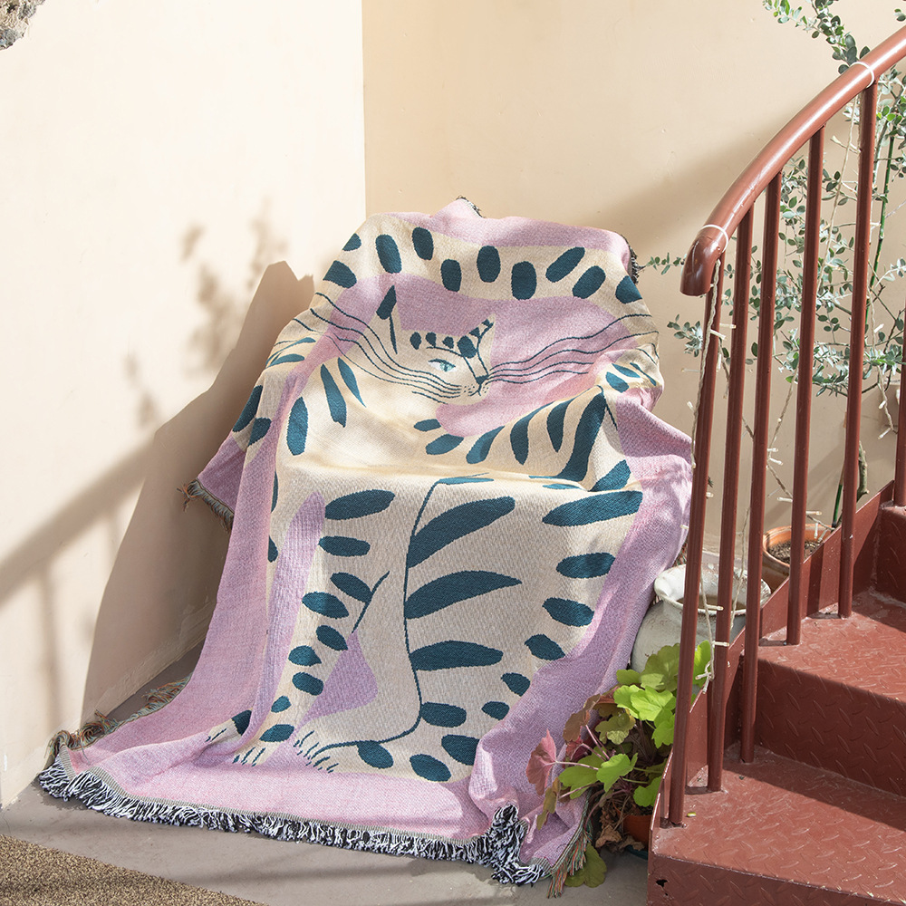 ボヘミアン風抽象猫柄ジャカード織りスローブランケット、芸術的 - Boho Throw Blanket Fringe のレビューと価格