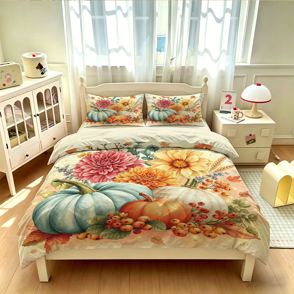 水彩画ライトブルーパンプキンひまわり花柄3点セット掛け布団カ - Aesthetic Floral Duvet Cover のレビューと価格