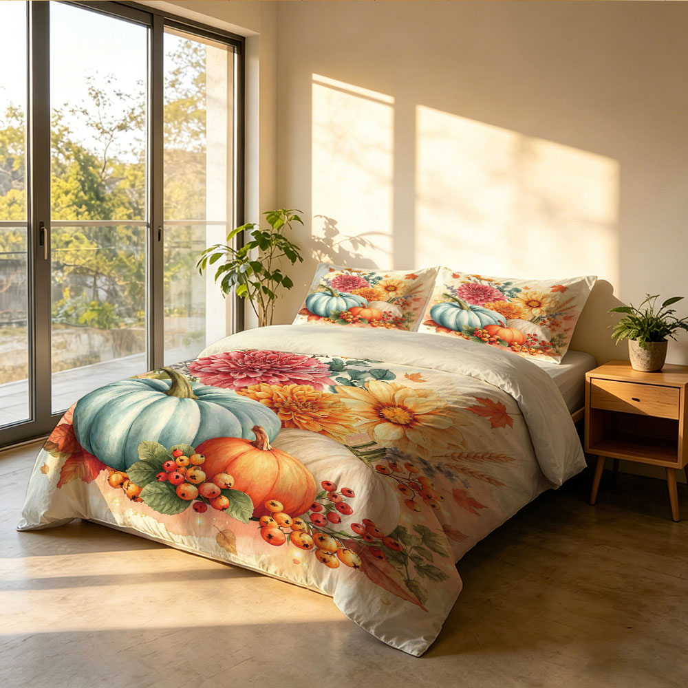 水彩画ライトブルーパンプキンひまわり花柄3点セット掛け布団カ - Aesthetic Floral Duvet Cover のレビューと価格