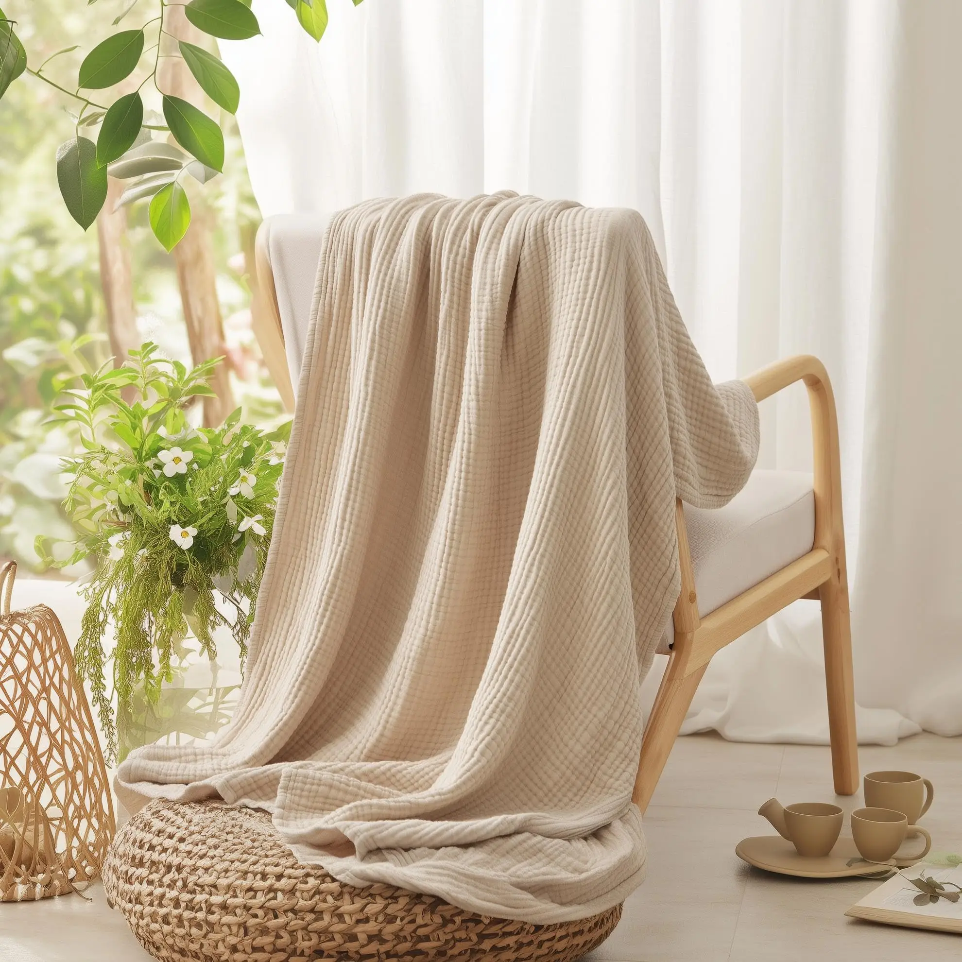 100%コットン製ベッド用ブランケット、柔らかなモスリン生地 - Muslin Cotton Bedspread のレビューと価格