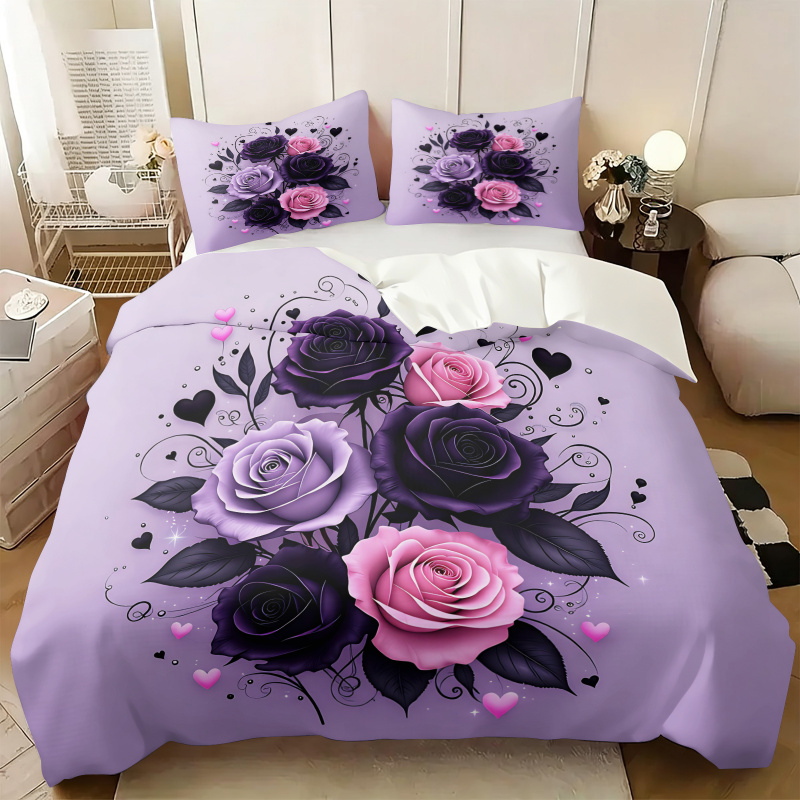 パープルブラックピンクローズハート布団カバーセットゴシック花 - Aesthetic Floral Duvet Cover のレビューと価格