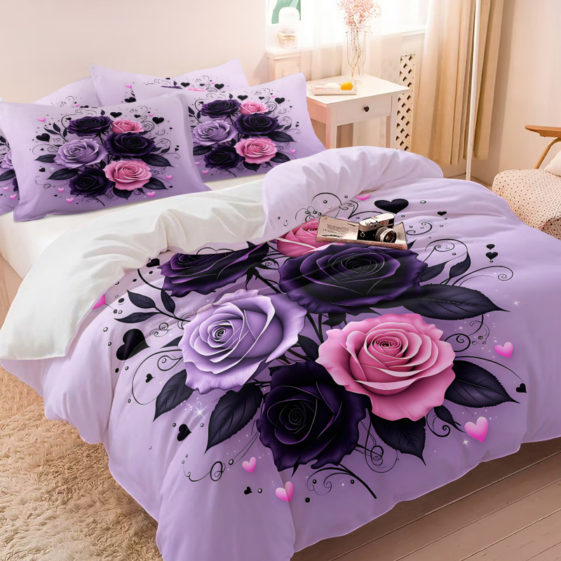 パープルブラックピンクローズハート布団カバーセットゴシック花 - Aesthetic Floral Duvet Cover のレビューと価格