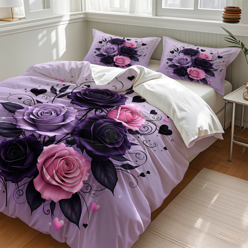 パープルブラックピンクローズハート布団カバーセットゴシック花 - Aesthetic Floral Duvet Cover のレビューと価格
