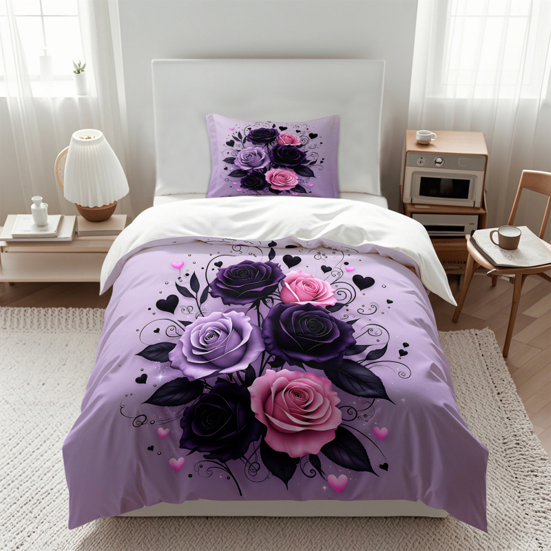 パープルブラックピンクローズハート布団カバーセットゴシック花 - Aesthetic Floral Duvet Cover のレビューと価格