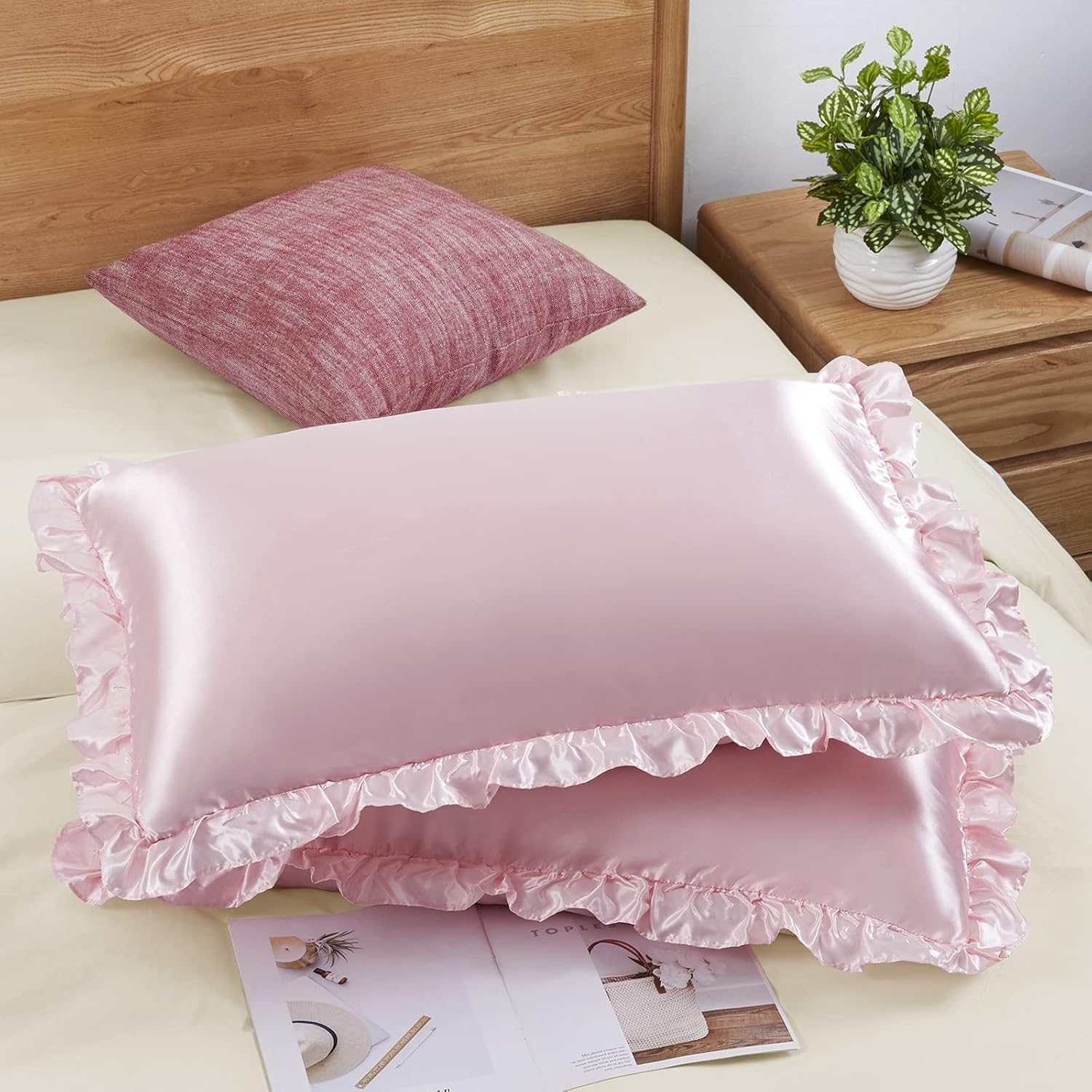 2 個のサテンフリル枕カバー、髪と肌用、無地のシルク枕カバー - Satin Silk Pillowcase Hair Skin のレビューと価格