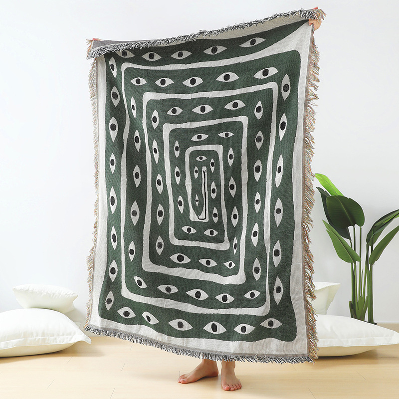グリーンホワイト邪眼ジャカードスローブランケット抽象的な目の - Boho Throw Blanket Fringe のレビューと価格